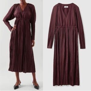 COS Burgundy Balloon Sleeve Midi Dress Size 12 long sleeve v-neck
